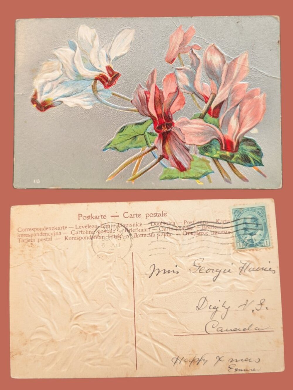5/$25 Antique Postmarked Gilded Embossed Art Nouveau Postcard Cyclamen